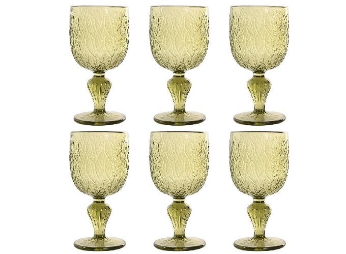 Set de 6 copas en cristal verde con hojas talladas de estilo romántico