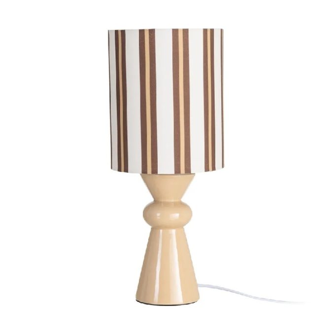 lámpara de mesa con pie en cerámica beige y tulipa con listas marrones art decó