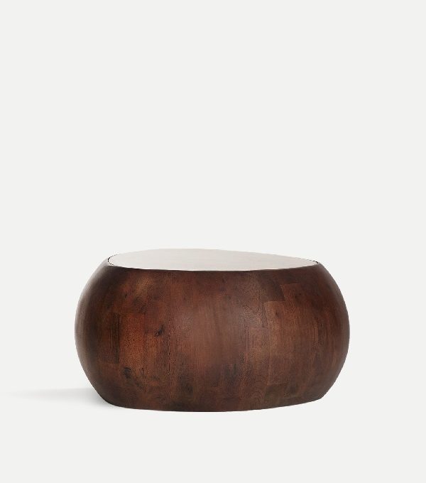 mesa de centro redonda en madera de mango y sobre de mármol