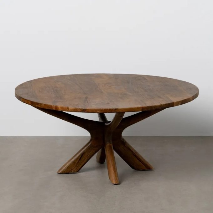 mesa de centro redonda en madera de mango oscuro con patas cruzadas