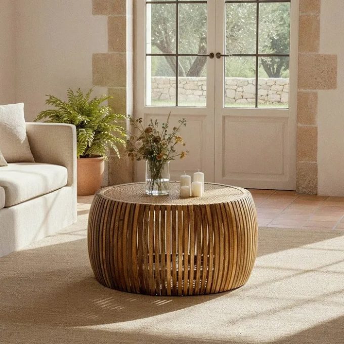 Mesa de Centro Redonda Calada Mango y Ratán (75 dx43 cm)