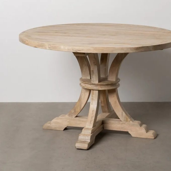 mesa de comedor redonda en madera de mango maciza y patas curvadas de 120 cm y estilo clásico
