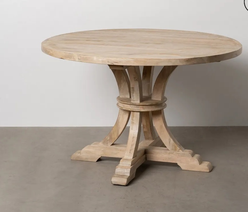 mesa de comedor redonda en madera de mango maciza y patas curvadas de 120 cm y estilo clásico