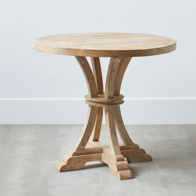 mesa de comedor redonda en madera de mango con patas curvas de 85 cm de estilo clásico