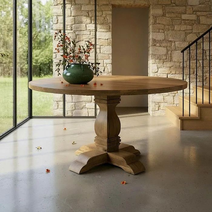 mesa de comedor redonda en madera maciza de mango de estilo clásico de 150 cm de diámetro
