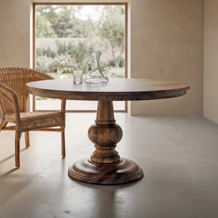 mesa de comedor redonda en madera de mango macizo con molduras de estilo clásico