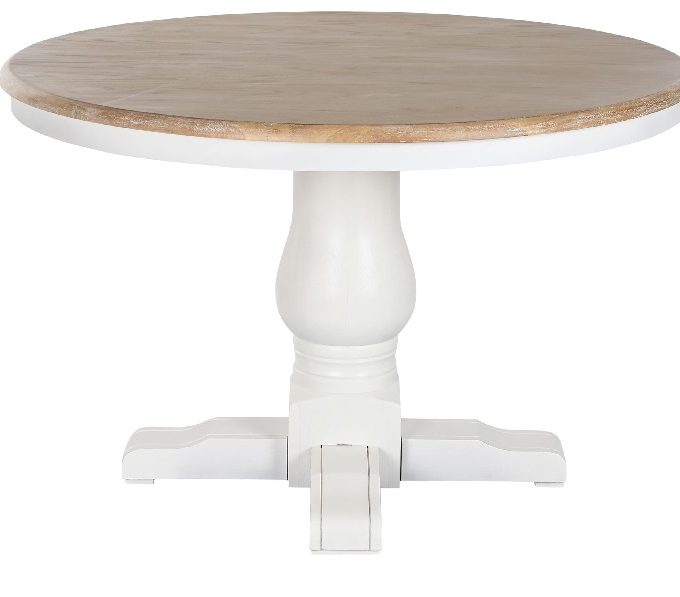 mesa de comedor redonda en madera de olmo natural y blanca de estilo provenzal