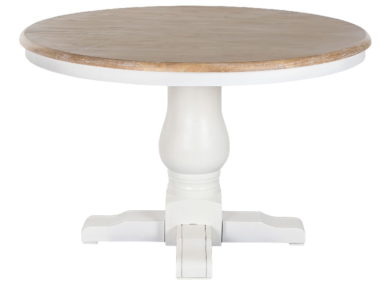 mesa de comedor redonda en madera de olmo natural y blanca de estilo provenzal