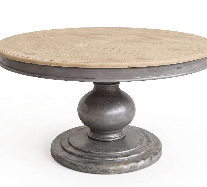mesa de comedor redonda en madera de pino natural y gris decapado de estilo clásico