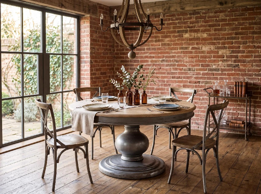 mesa de comedor en madera de pino natural y gris decapado de estilo clásico