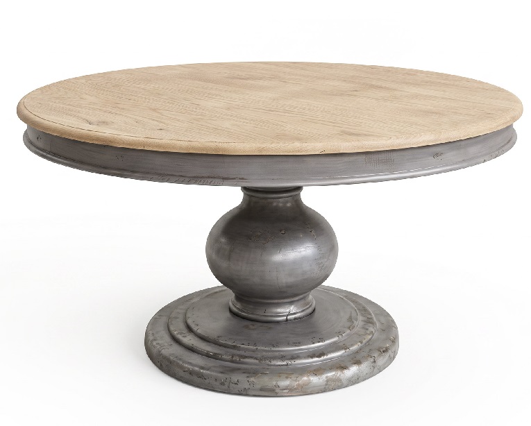 mesa de comedor redonda en madera de pino natural y gris decapado de estilo clásico