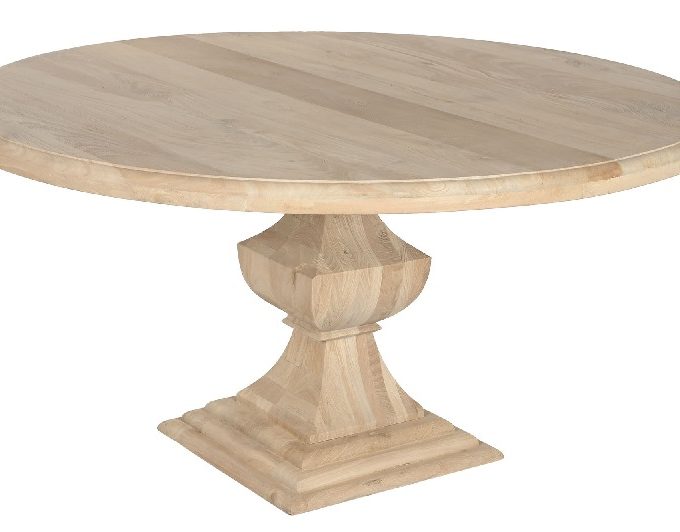 mesa de comedor redonda en madera de mango natural con pie tallado de estilo provenzal