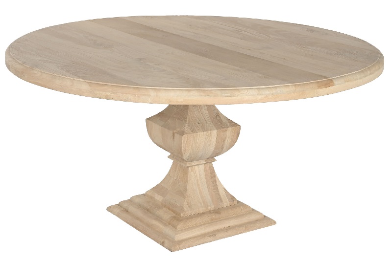 mesa de comedor redonda en madera de mango natural con pie tallado de estilo provenzal
