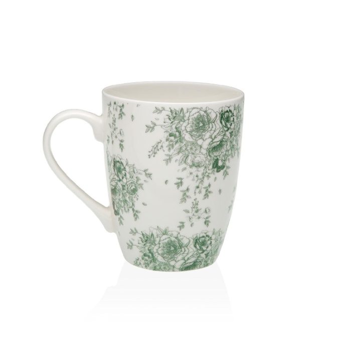 Set 2 tazas mug porcelana blanca cn flores verdes retro