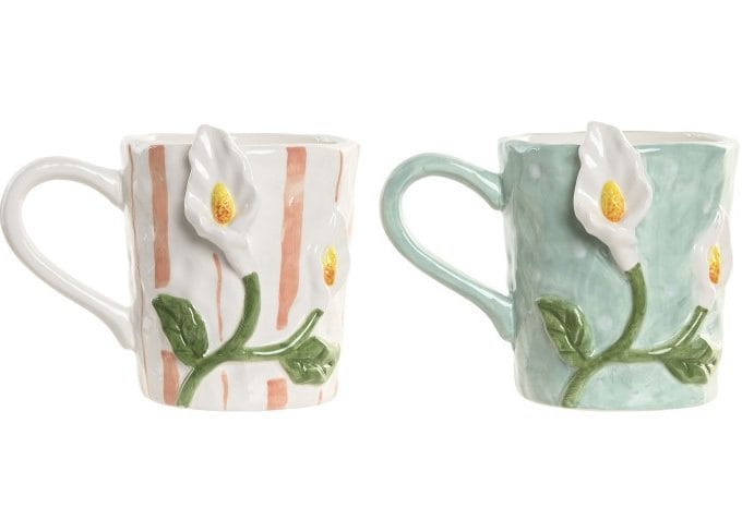 mug en cdolomite blanco/verde con detalle de flor de lirio en relieve de 400 ml