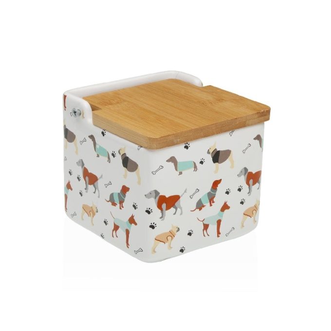 salero en cerám ica blanca con dibujo de perritos multicolor y tapa de bambú