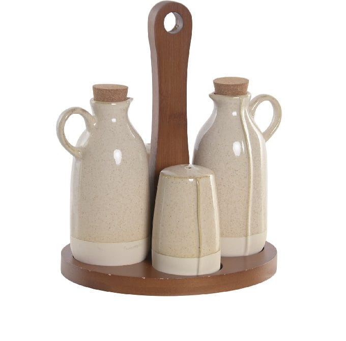 Set de aceitera y vinagrera de 4 piezas en gres beige y madera de acacia