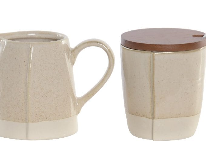 set de azucarero y lechera en gres con tapa en madera de acacia sde estilo retro
