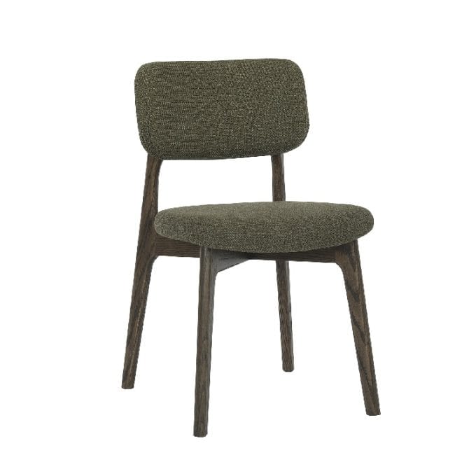 silla en madera oscura con asiento y respaldo en tejido verde musgo de estilo nórdico
