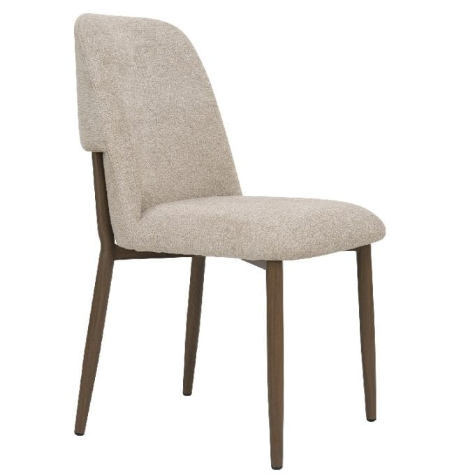 Set de 2 sillas con patas en metal marrón y respaldo alto con asiento tapizado en tejido de chenilla beige de estilo nórdico