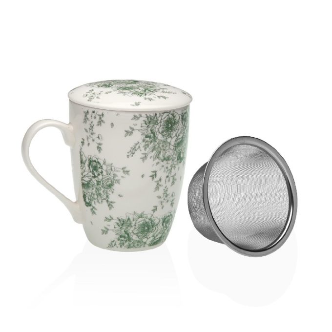 taza infusión con filtro de porcelana blanca y flores verde retro