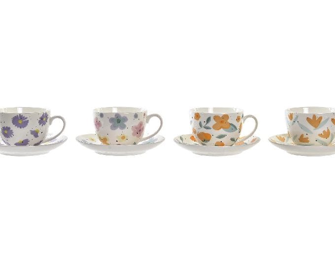 set de 2 tazas con olato de porcelana blanca con dibujo de flores multicolor