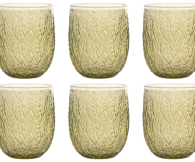 Set de 6 vasos en cristal verde con hojas grabadas 36cl